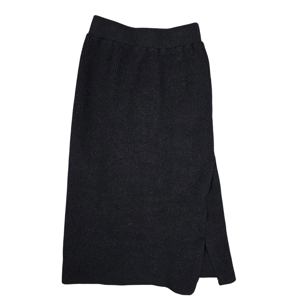 Elastic Waist Wrap Around Midi Skirt Side Slit Women Black GOOD See Measurements